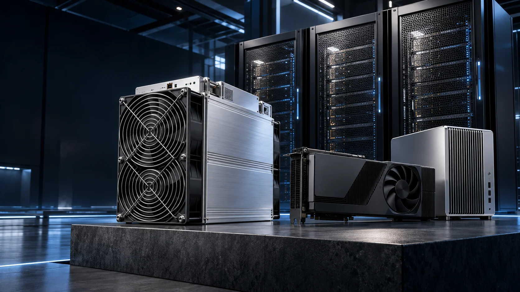 Концептуальная визуализация: ASIC-майнер, GPU, рабочая станция и серверные стойки