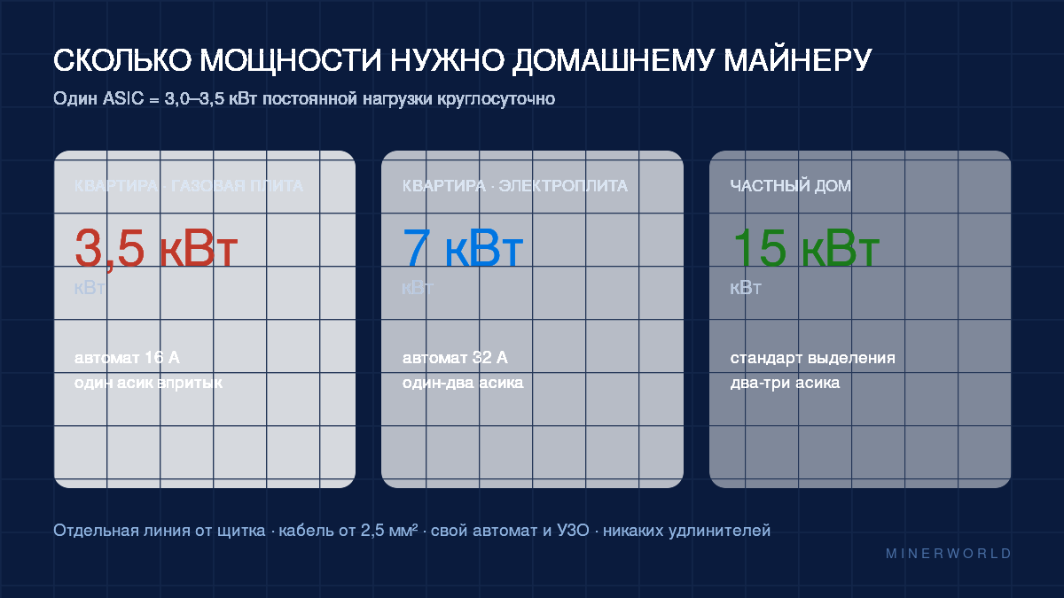Инфографика: выделенная мощность для домашнего майнинга — 3,5 / 7 / 15 кВт